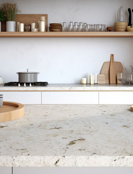 Plan de travail en quartz dans une cuisine contemporaine lumineuse
