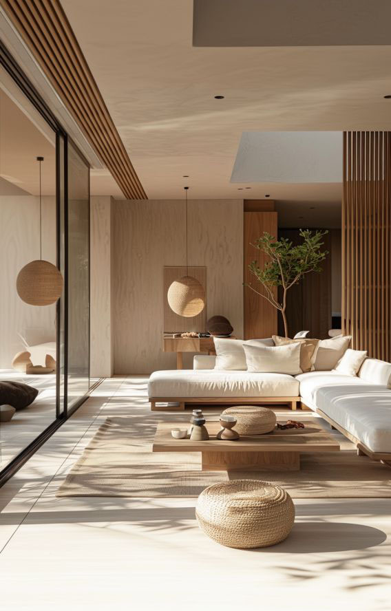 Salon lumineux style Japandi avec bois clair, claustra vertical et ambiance minimaliste