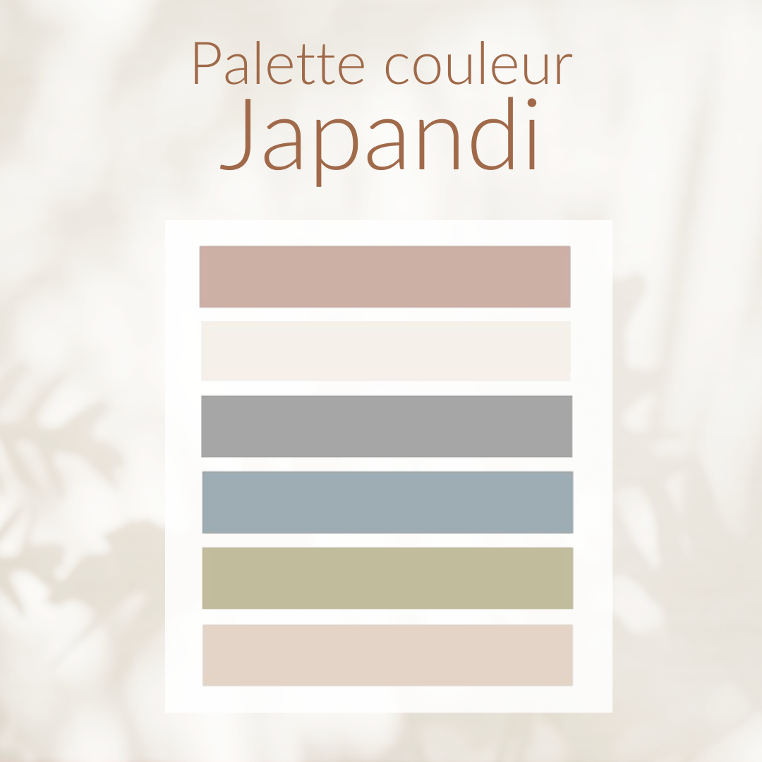 Palette de couleurs Japandi avec tons neutres, vert sauge et brun foncé