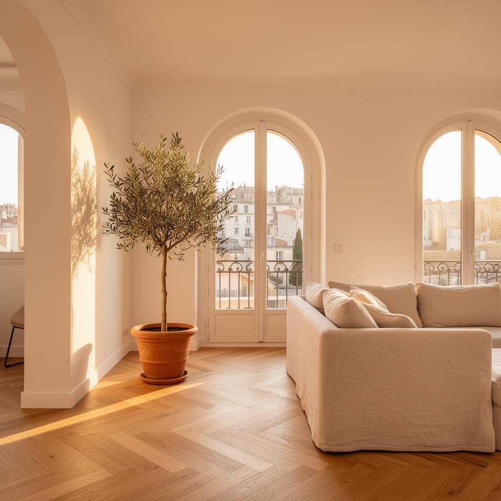Rénovation intérieure haut de gamme à Marseille - salon lumineux avec arches et parquet chevron