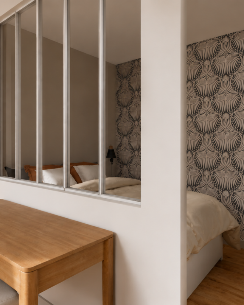 Verrière atelier séparant la chambre du salon dans un studio rénové à Lille
