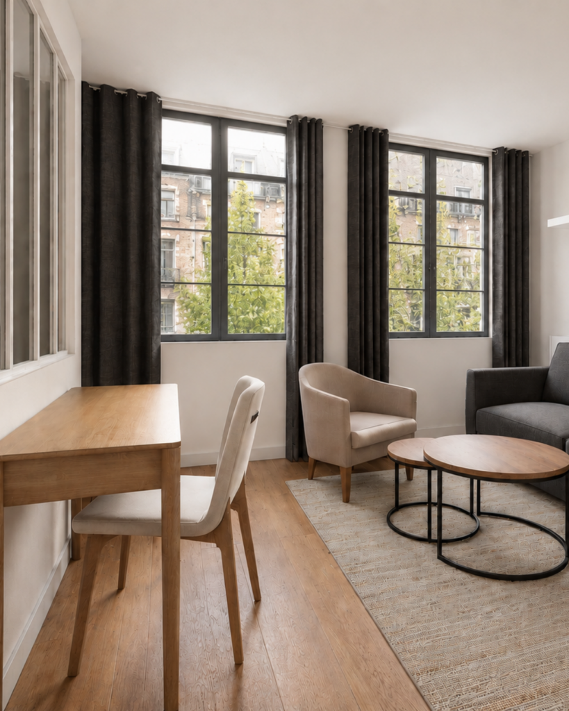 Coin bureau et salon aménagé dans un studio de 40 m²