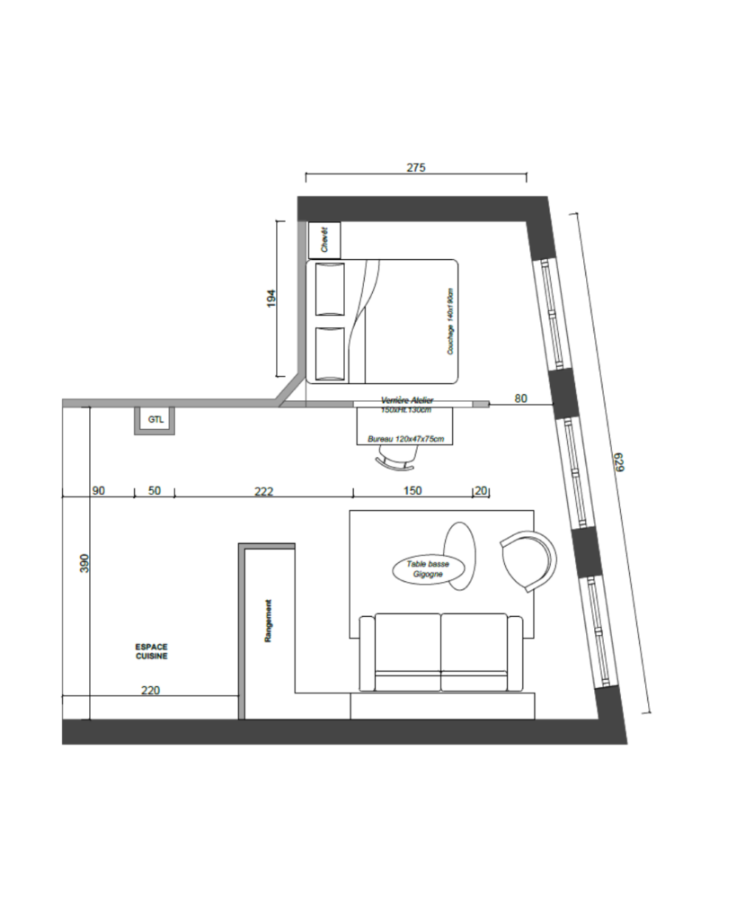 Plan d'aménagement d'un studio de 40 m² après rénovation