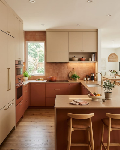 Cuisine avec façades terracotta, plan de travail bois et îlot central, ADJ Intérieurs Marseille