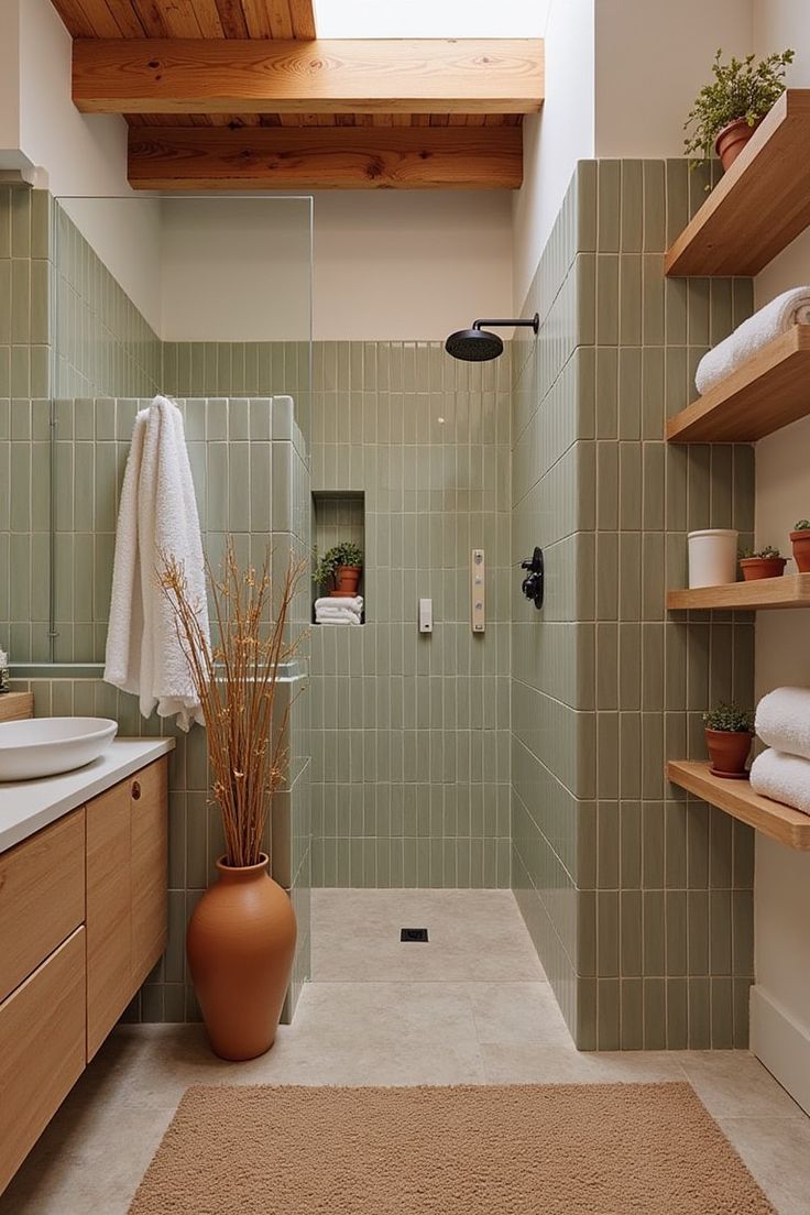 Douche vert sauge, étagères en bois et touche terracotta — palette salle de bain 2026 ADJ Intérieurs