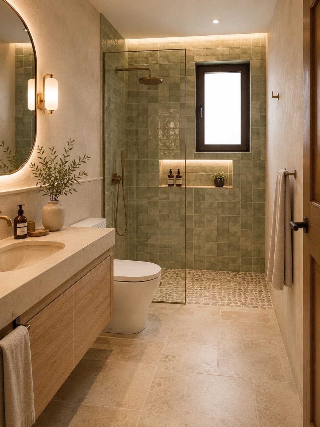 Douche à l'italienne en carrelage vert, meuble vasque bois et sol travertin — rénovation salle de bain Marseille