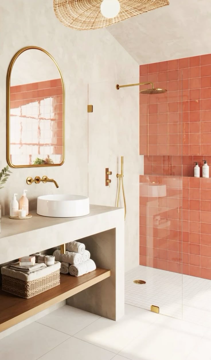 Salle de bain crème et terracotta, miroir en arche et robinetterie dorée — palette couleurs 2026